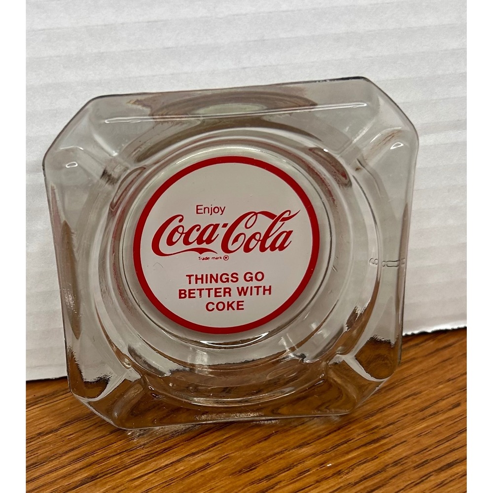 Vintage Coca-Cola Square Glass Ashtray Things Go Better With Coke Logo Clear